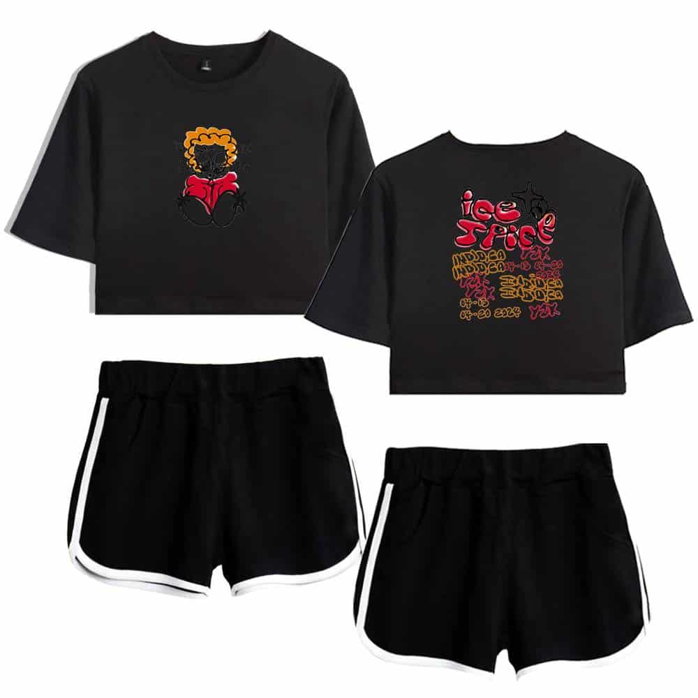 Black cropped sweatshirt with graphic design, and matching black athletic shorts with white trim, casual streetwear sets, stylish and comfortable apparel for everyday wear.
