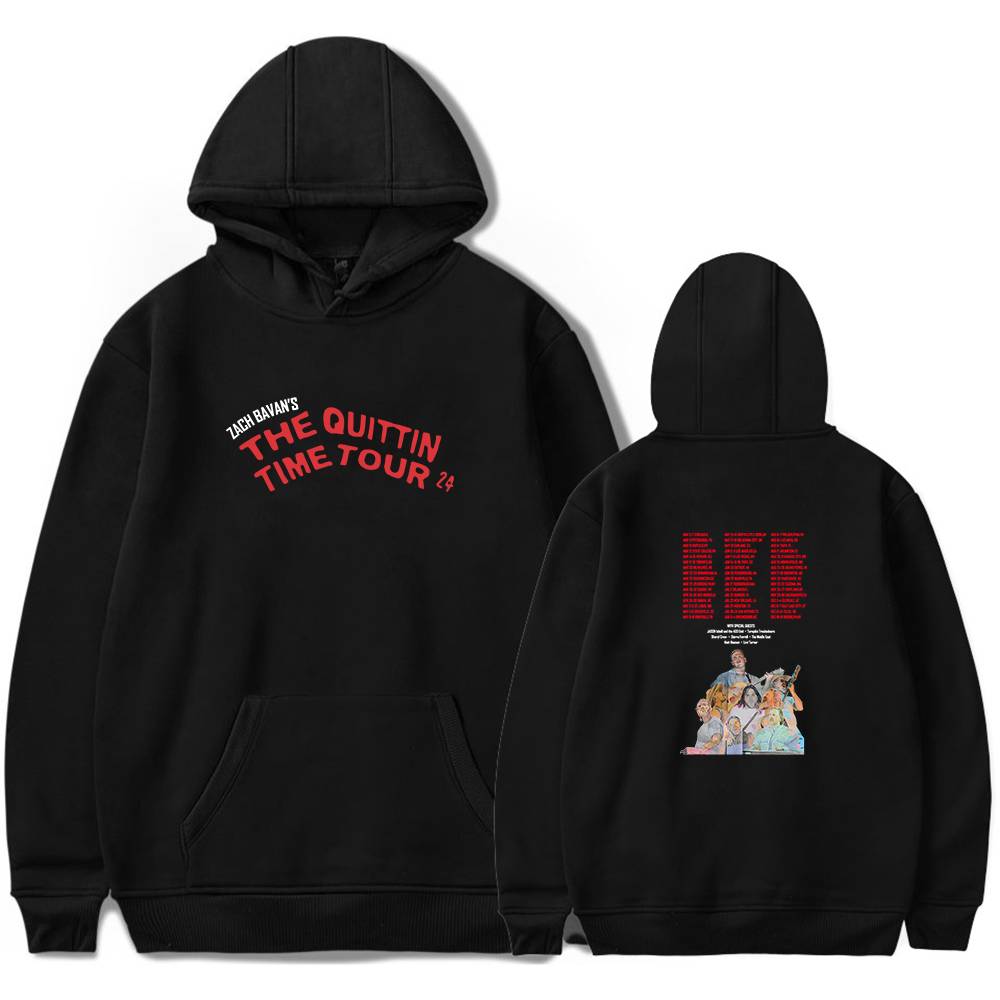 Zach Bayans' The Quitting Time Tour hoodie with bold red and white text, featuring a graphic illustration of artists, perfect for fans of concert merchandise and music memorabilia.