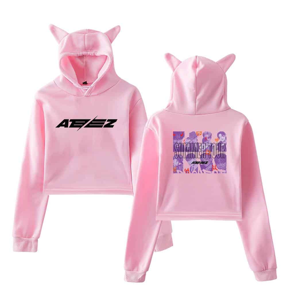 AEZZ pink hoodie with cat ears, featuring bold logo on front and summer tour graphic on back. Cozy, stylish, and perfect for fans and fashion lovers alike. Made of soft, durable material.