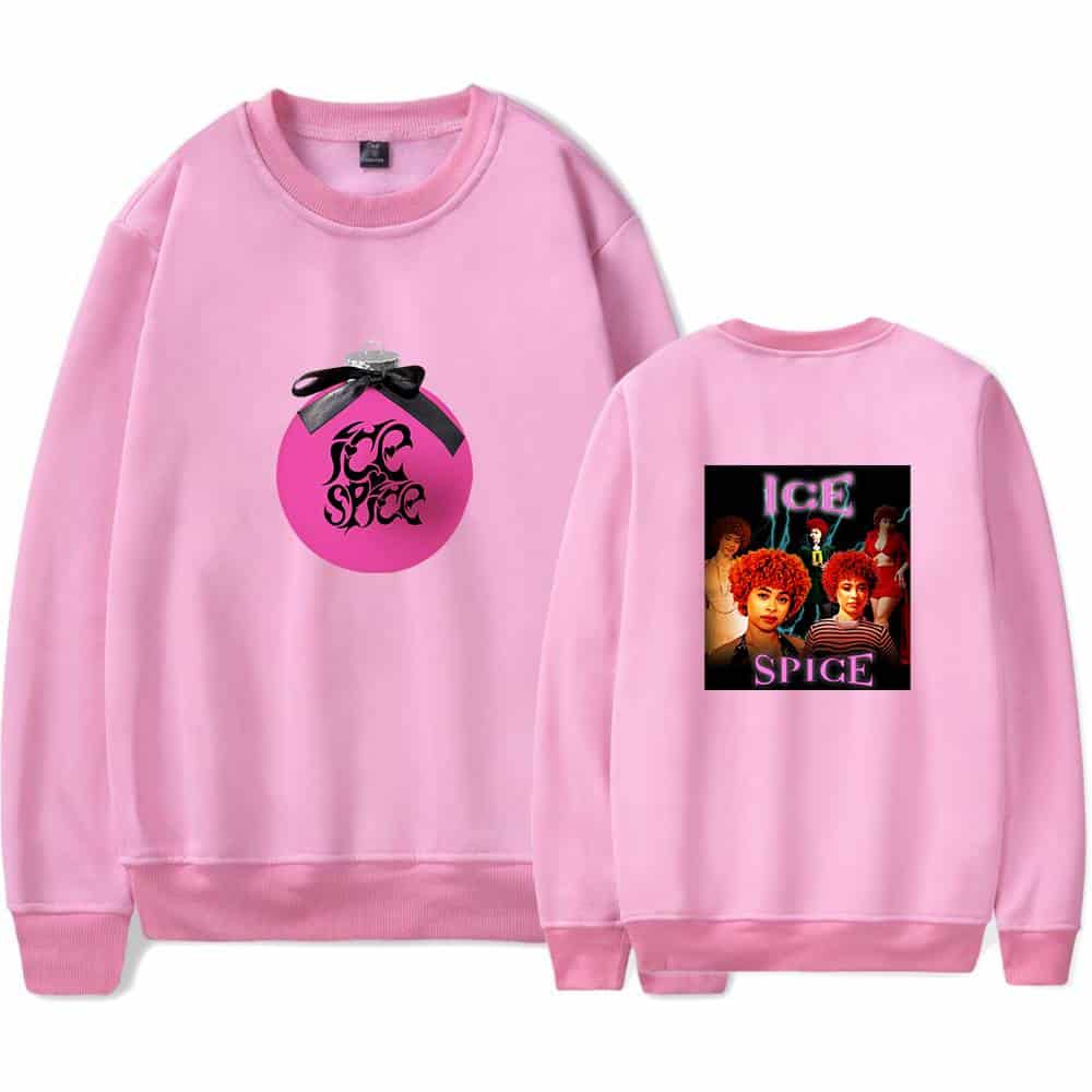 Icw sneakers and streetwear merchandise featuring the band Ice Spice with pink sweatshirt designs, including a perfume bottle graphic with bow and band photo print, perfect for fans of Ice Spice.