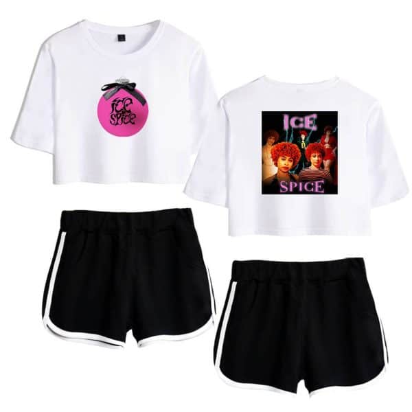 Pink and black "Ice Spice" logo crop top with bow, graphic "Ice Spice" T-shirt featuring animated group, black athletic shorts with white side stripes, casual matching streetwear outfit for fans, trendy merchandise.