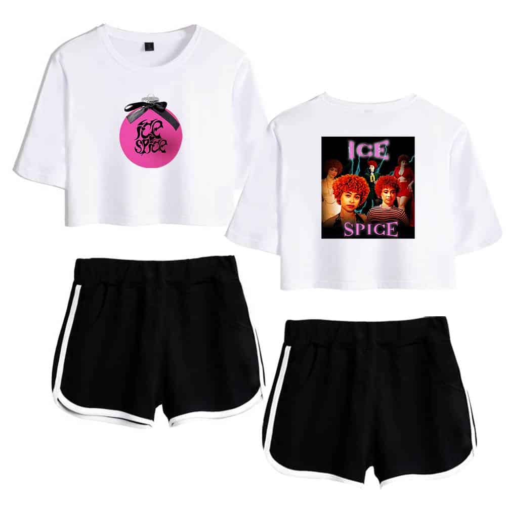 Pink and black "Ice Spice" logo crop top with bow, graphic "Ice Spice" T-shirt featuring animated group, black athletic shorts with white side stripes, casual matching streetwear outfit for fans, trendy merchandise.