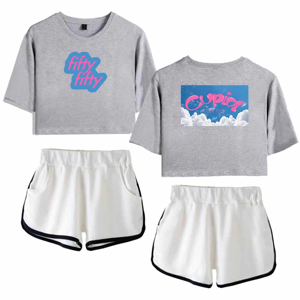 Fifty fifty crop top and shorts set, gray with colorful graphic prints, casual streetwear style, perfect for summer or sportswear, trendy matching outfit for women.