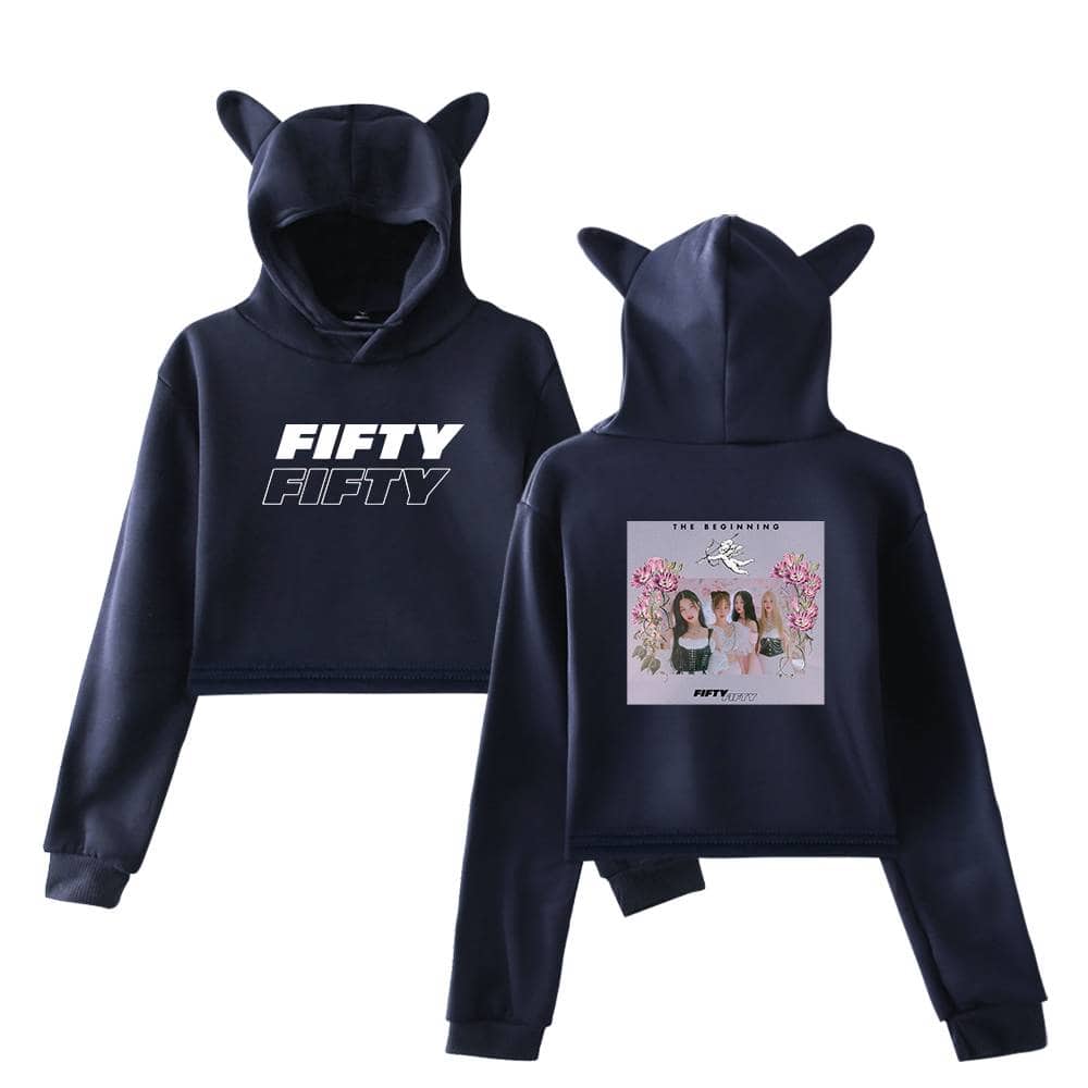 Fifty Fifty girls' hoodie with cute animal ears and floral print, trendy fashion for kids.