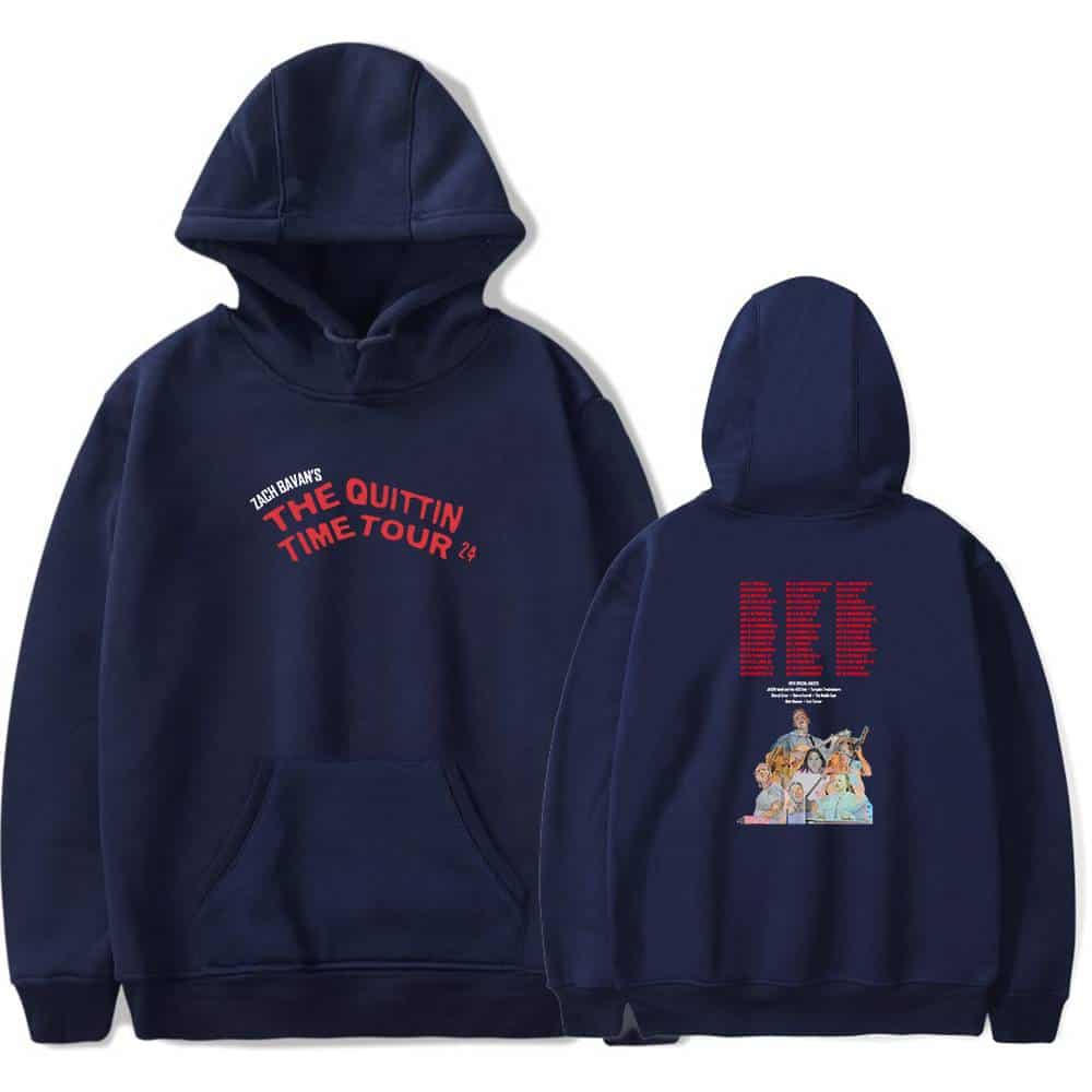 Zach Bawan's The Quittin Time Tour hoodie with graphic back design and bold red text, perfect for music fans and concert goers. Made for comfort and style, this hoodie showcases tour memorabilia.