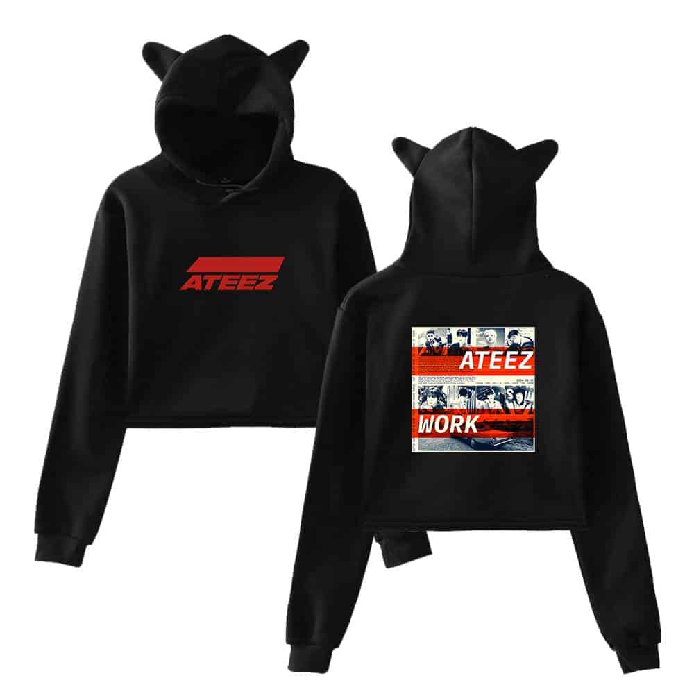 ATEEZ black hoodie with a bold red logo on the front and a collage-style graphic with "WORK" on the back, featuring various images of the K-pop group. Perfect for fans and casual wear.