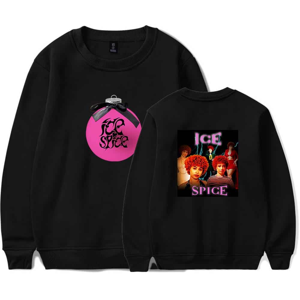 Pink bomb with black "Ice Spice" text graphic on front sweatshirt, featuring a colorful photo group of Ice Spice on back; black crewneck sweatshirts with graphic print.