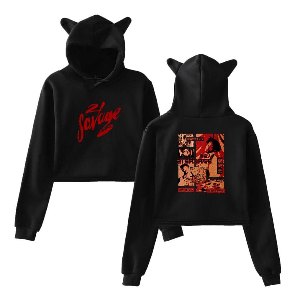 Black hooded sweatshirt with cat ears, featuring bold red "savage" text on the front and a graphic print on the back, blending streetwear style with anime-inspired design.
