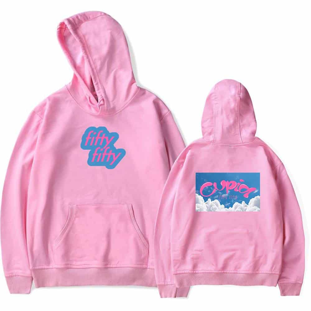 Fifty fifty hoodie with pink and blue graphic design, front and back view.