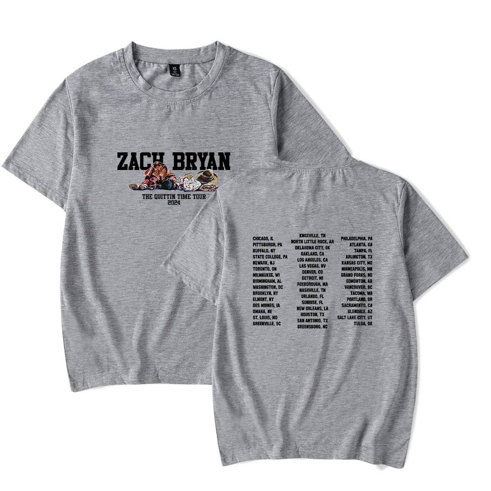 Zach Bryan tour gray T-shirt with list of cities and design elements, perfect for fans and merchandise collections.