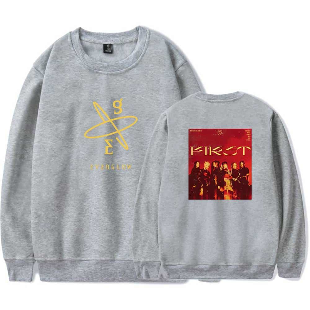 NASA-themed grey sweatshirt with a yellow logo on the front and a red graphic of a girl band on the back, perfect for space lovers and music fans alike.
