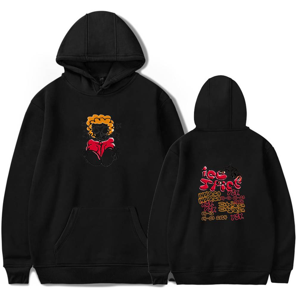 Vessel of a black hoodie featuring a cartoon-style lion graphic with curly orange hair and a red hoodie on the front; back displays colorful stylized text and date details in pink, red, and yellow.