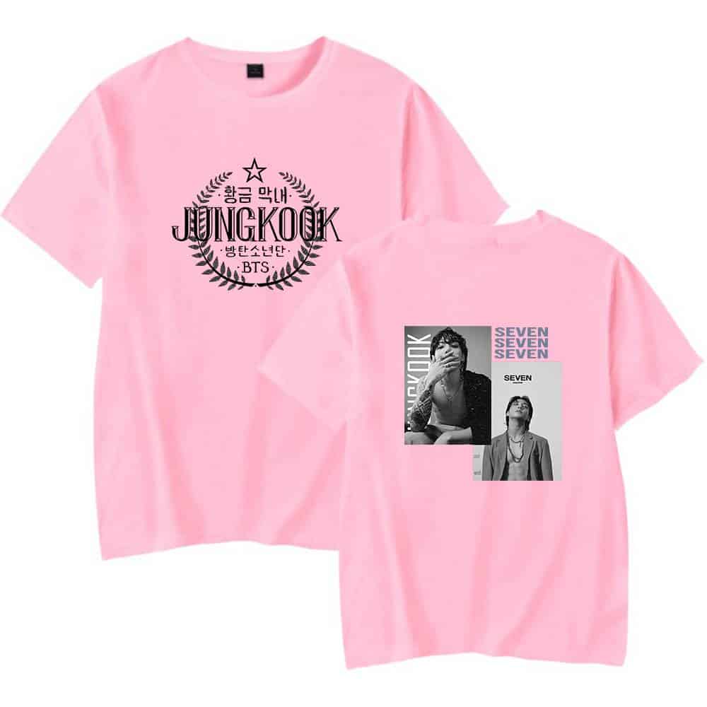 JUNGKOOK pink and black graphic tee with BTS and Seventeen images, Korean lettering, and band logos, perfect for K-pop fans and concert apparel collections.