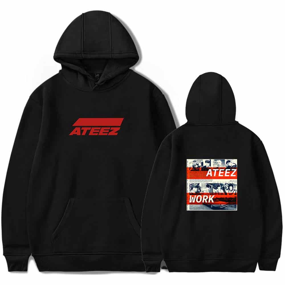 ATEEZ black hoodie with red logo on front and collage graphic with "WORK" on back.