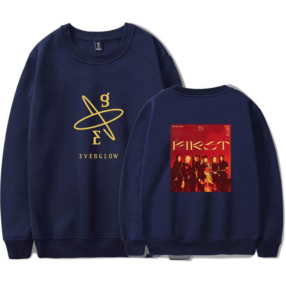 G-star-designed navy sweatshirt with Everglow logo on front and "First" album cover graphic on back, casual streetwear style, perfect for K-pop fans and concert wear merchandise.