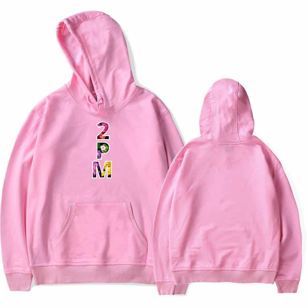 Pink hoodie with colorful 2PM logo embroidered on front, casual streetwear merchandise, comfortable and stylish sweatshirt for fans of the K-pop group.