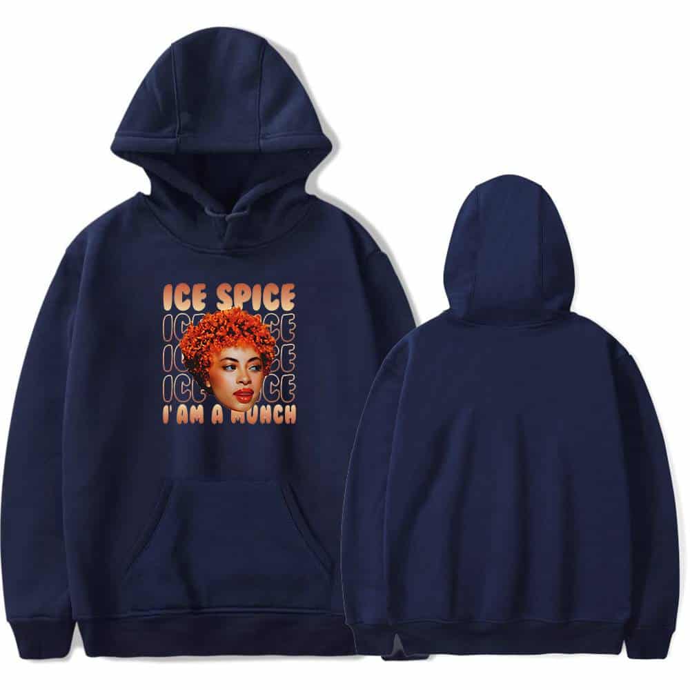 Ice Spice hoodie featuring a graphic of the rapper with red curly hair and the text "Ice Spice I Am A Punch". Perfect for fans wanting stylish, comfortable merchandise.