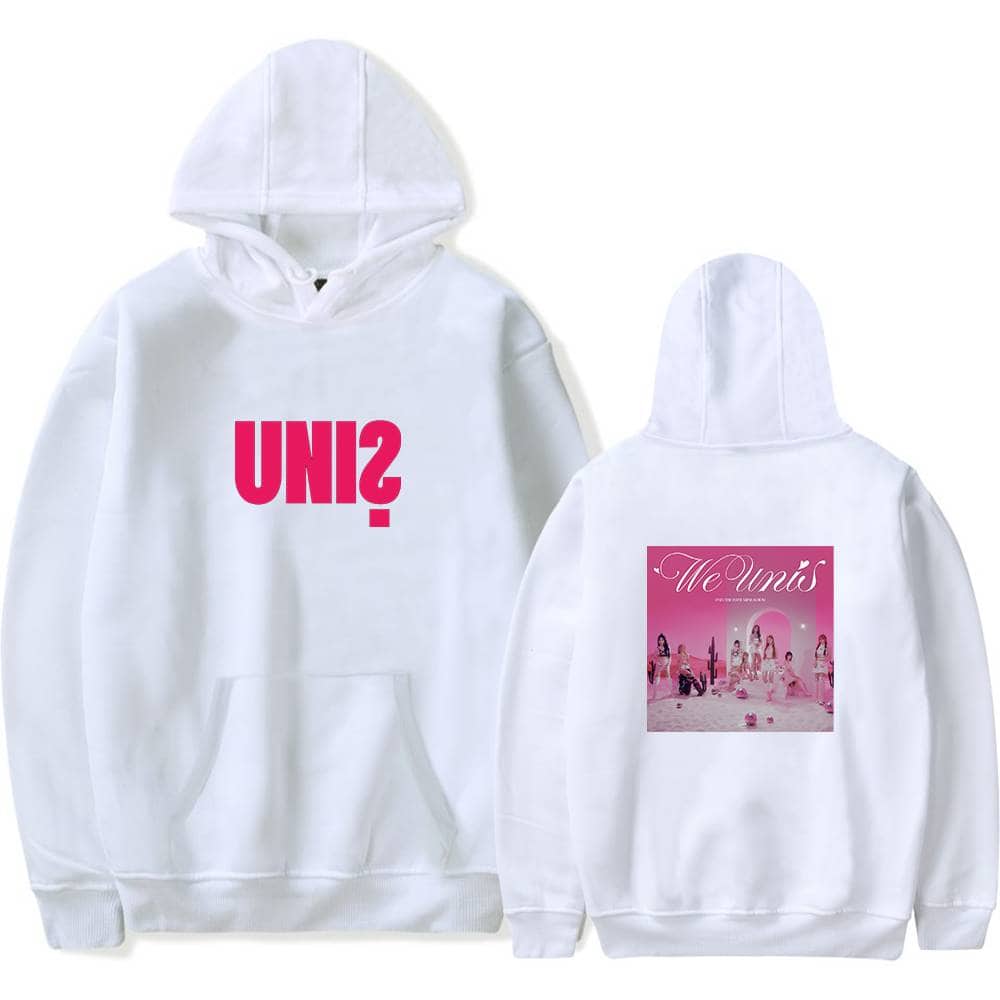 UNI2 logo in bold pink on the front of a white hoodie, with a pink graphic of a girl group "WeUni's" on the back, set against a pink background with elegant script. Perfect for fans and casual wear.