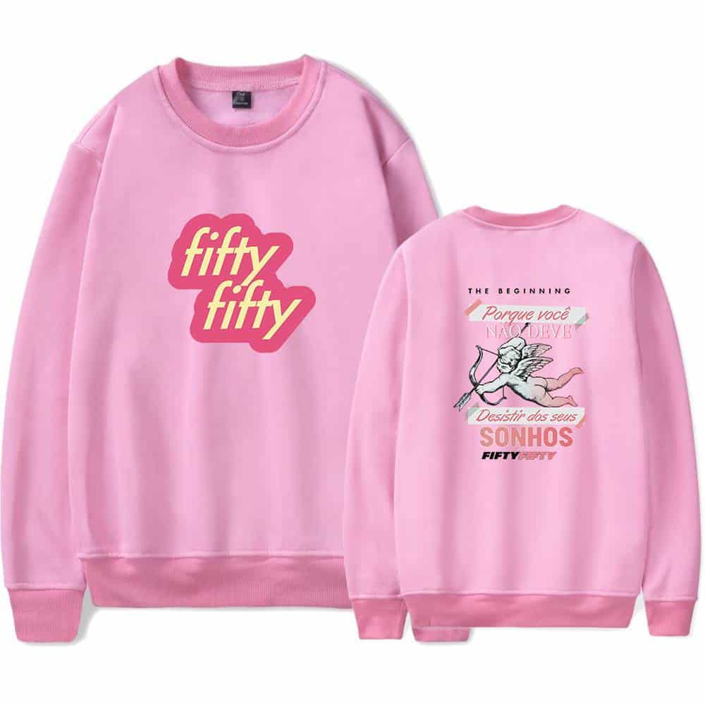 Fifty fifty pink sweatshirt with bold text design and a mythical creature illustration on the back, perfect for casual wear and making a statement.