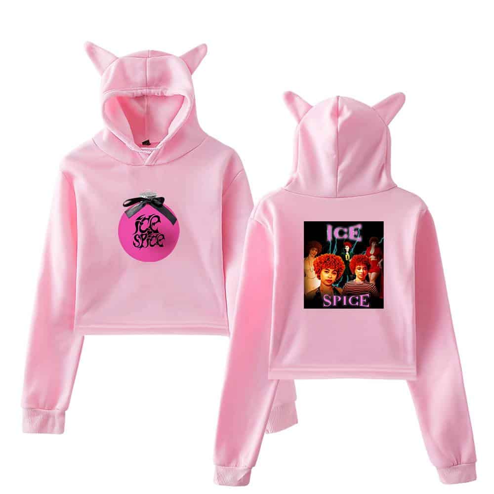 Pink hoodie with cat ears and BFF logo front, Ice Spice graphic back, cozy streetwear sweatshirt for fans, cute and trendy casual merchandise for fans of Ice Spice.