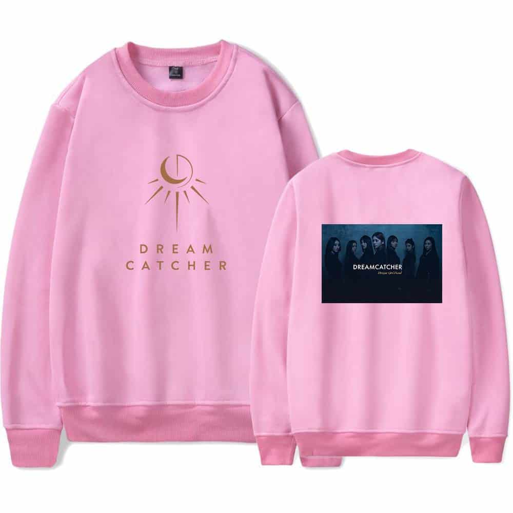 Dream catcher pink sweatshirt with crescent moon and rays graphic on front and band photo on back, perfect for fans of the band or celestial-themed style.