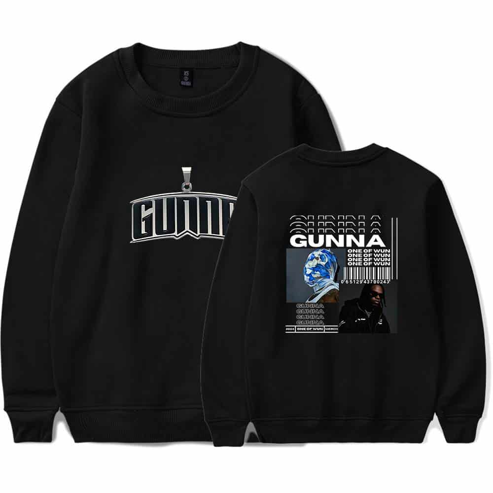 GUNNA black sweatshirt with graphic design, barcode, and artist image, ideal for music fans and streetwear enthusiasts.