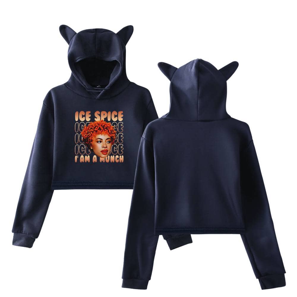 Ice Spice cartoon character hoodie, featuring a graphic of the rapper with curly orange hair and the text "Ice Spice, I Am A Munch," designed for kids' casual and streetwear style.