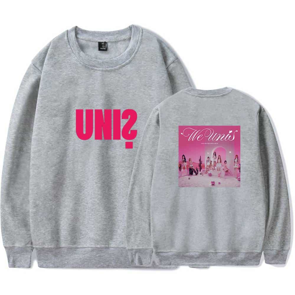 UNi2 grey sweatshirt with bold pink logo and a pink-themed group photo graphic on the back, featuring members of the girl group.