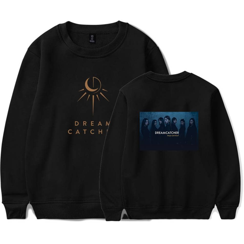 Dream Catcher crewneck sweatshirt with front moon and sun graphic and back band photo of the K-pop group Dreamcatcher, ideal for fans and merchandise collections.