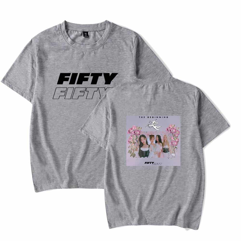 Fifty-themed gray T-shirt with bold "FIFTY" text on the front and a graphic design featuring a girl band and floral artwork on the back.