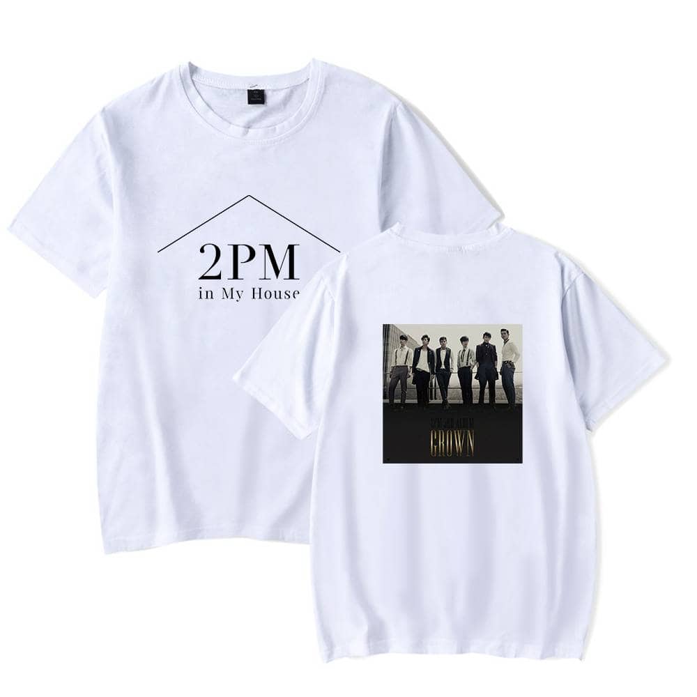 2PM in My House and GROWN band graphic white T-shirt, unisex casual cotton tee, perfect for K-pop fans and concerts.