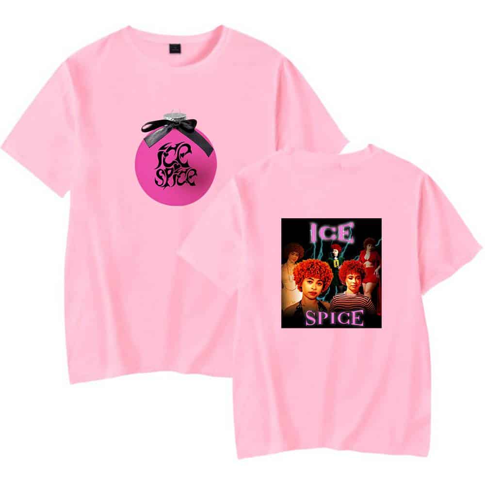 Pink ICE Spice graphic t-shirt, unisex casual wear, vibrant streetwear style, cotton fabric, short sleeve, trendy pop culture merchandise, perfect for fans of the artist, fashionable and comfortable.