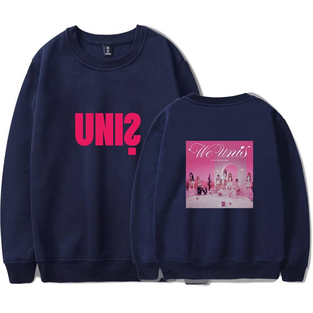 UNiS logo sweatshirt with "We Unis" album cover design for K-pop fan merchandise.