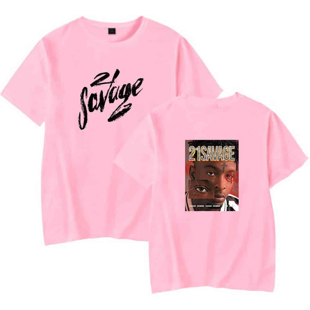 Savage pink t-shirt with bold logo and magazine print featuring 21 Savage; streetwear style, casual, trendy, youth fashion, graphic tee, music artist merchandise, rapper apparel.