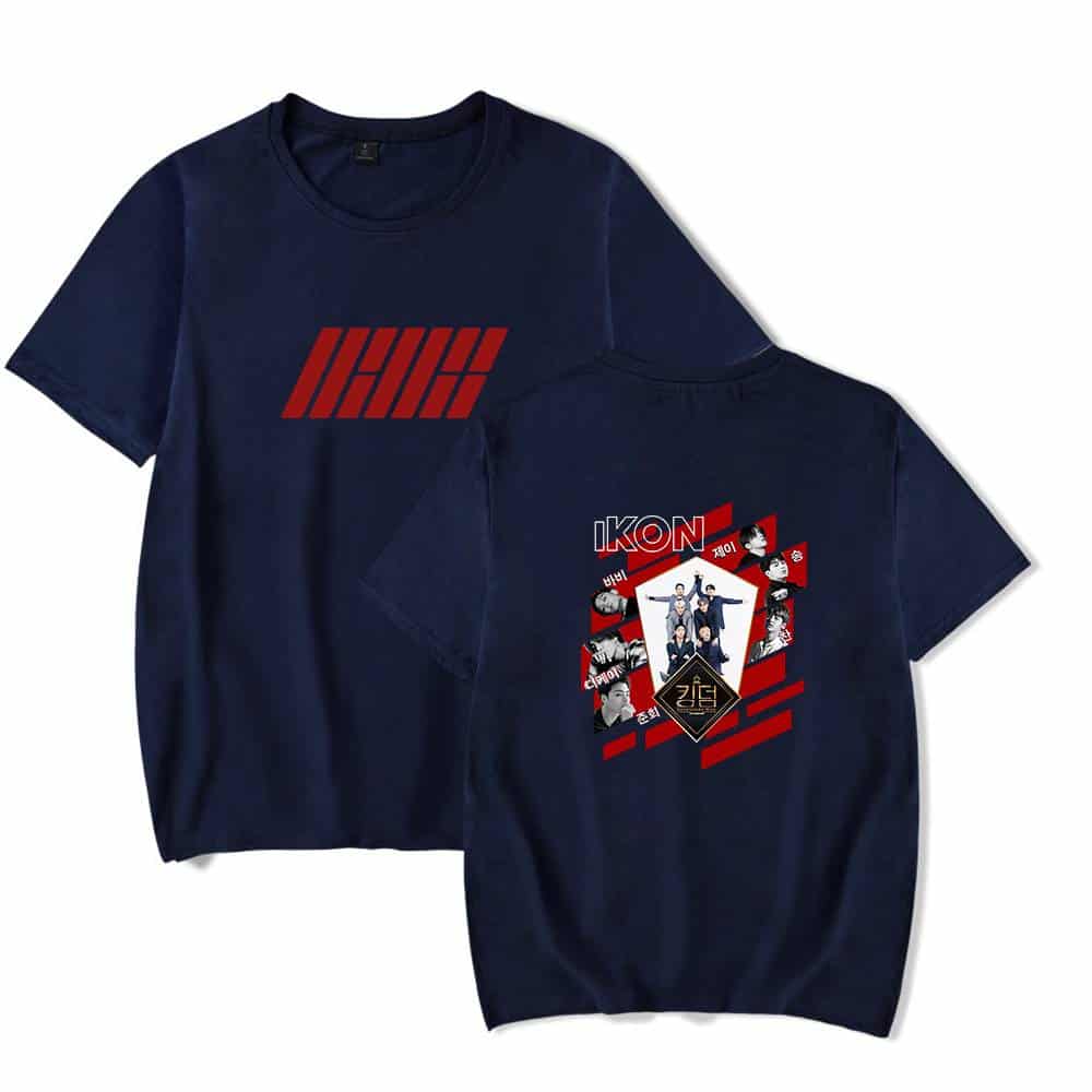 IHHH logo on front and IKON band member collage on back, navy blue T-shirt merchandise for fans of the K-pop group IKON, featuring bold graphic designs.