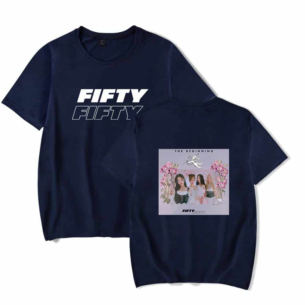 Fifty Fifty band t-shirts with logo and album artwork, perfect for fans and casual wear, available in various sizes for a stylish, music-inspired look.