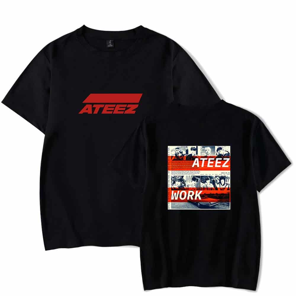 ATEEZ merchandise t-shirts featuring the band's logo and artwork, perfect for fans to showcase their support. Black shirts with bold red and white graphics, ideal for casual wear and concert occasions.