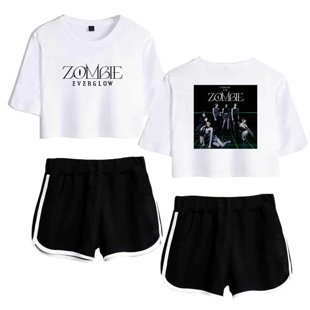 ZOMBIE Everglow graphic t-shirts with black athletic shorts, perfect for casualwear or concerts, featuring bold designs inspired by the K-pop group.