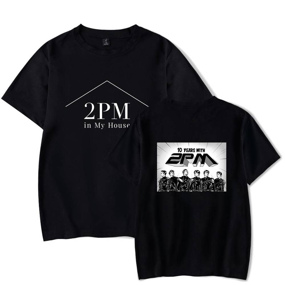 2PM band fan merchandise t-shirts celebrating their 10th anniversary, featuring iconic band imagery and logo in black and white.