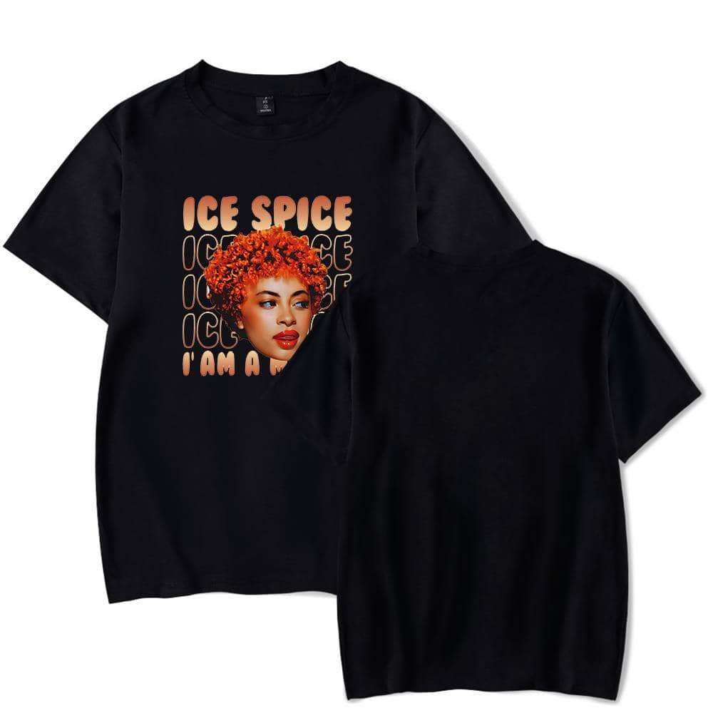 Ice spice graphic t-shirt featuring a woman with curly orange hair and bold makeup, modern streetwear style, black color, trendy and fashionable merchandise for fans, casual street style apparel.