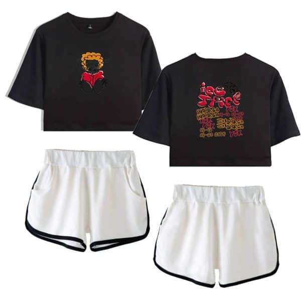 Black cropped sweatshirt featuring a graphic of a character with curly hair, paired with white athletic shorts with black trim. The back of the sweatshirt displays colorful, graffiti-style text. Perfect streetwear or sportswear ensemble.