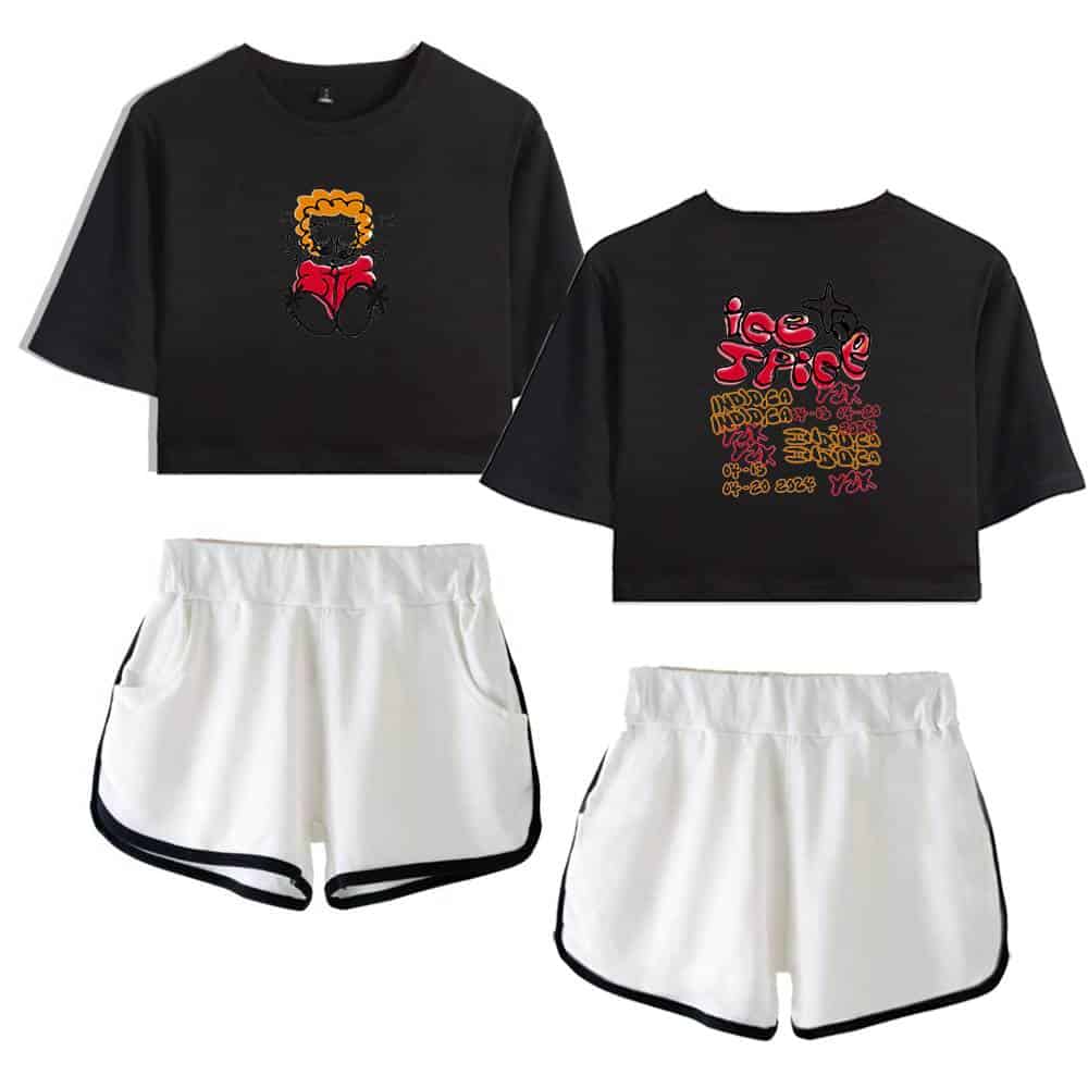 Black cropped sweatshirt featuring a graphic of a character with curly hair, paired with white athletic shorts with black trim. The back of the sweatshirt displays colorful, graffiti-style text. Perfect streetwear or sportswear ensemble.