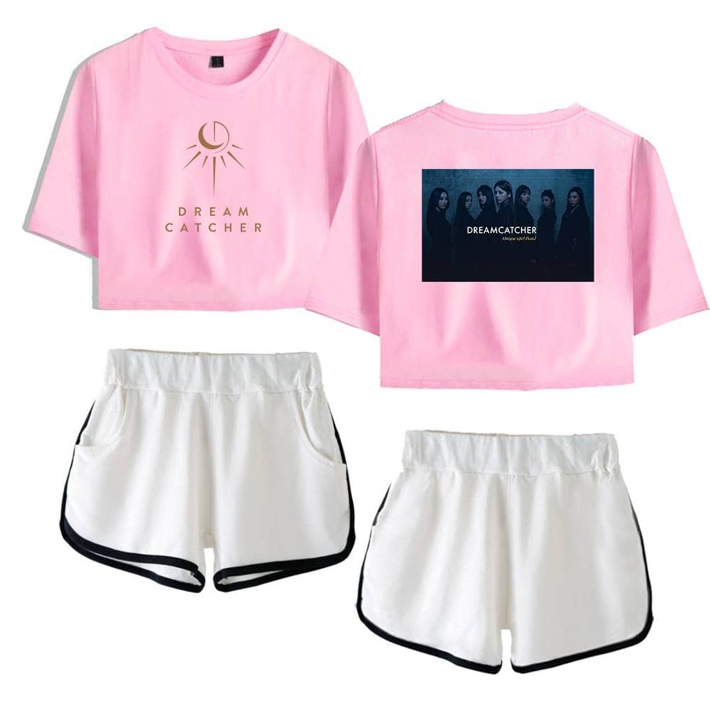 Dream catcher graphic pink crop top and white shorts set, women's casual athleisure outfit, stylish comfortable loungewear, trendy merch for fans, concert or festival wear, modern fashion ensemble.