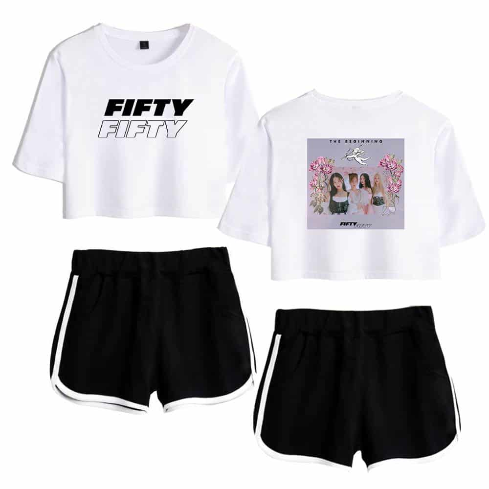 Fifty Fifty graphic crop tops and stylish black shorts with white trim for casual and trendy streetwear looks. Perfect for fans of the Fifty Fifty K-pop group or youthful fashion enthusiasts.