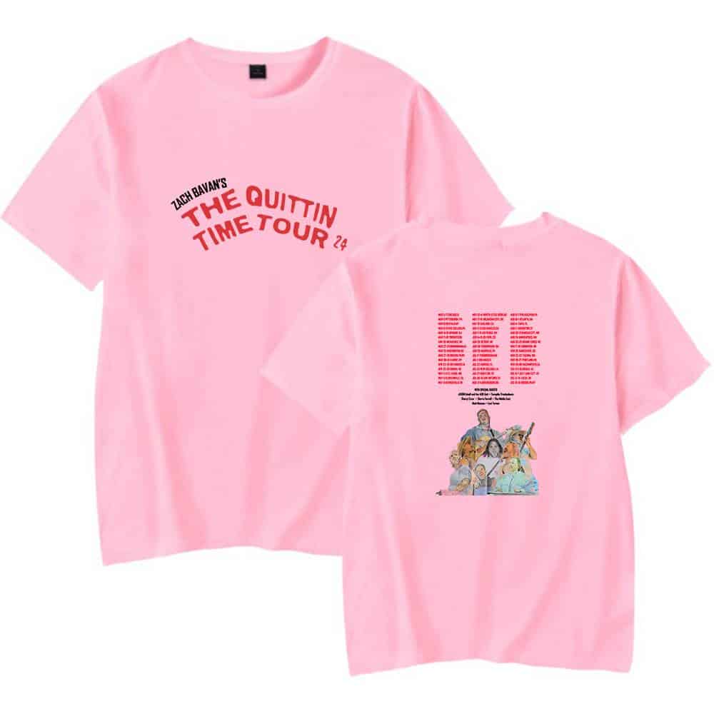 Zach Bawai's "The Quittin Time Tour" pink graphic T-shirt featuring event details and illustrated artwork, perfect for music fans and concert merchandise collectors.