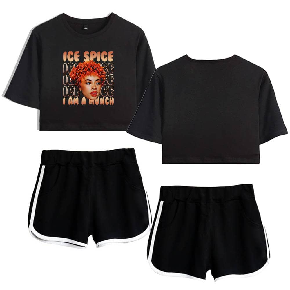 Ice spice crop top and shorts set for women with graphic print and casual style.