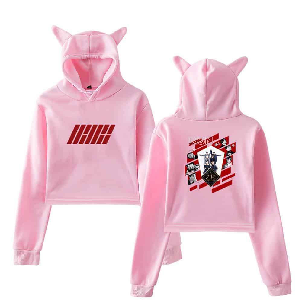 IHHi pink hoodie with cat ears, featuring bold graphic designs on the front and back inspired by popular K-pop group icons, perfect for casual wear and fandom fans.