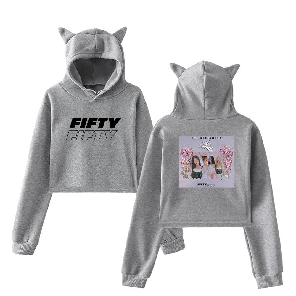 Fifty Fifty grey hoodie with cat ears, featuring bold logo on front and graphic design with women, flowers, and bird on back. Perfect trendy casual wear for fans of streetwear fashion.