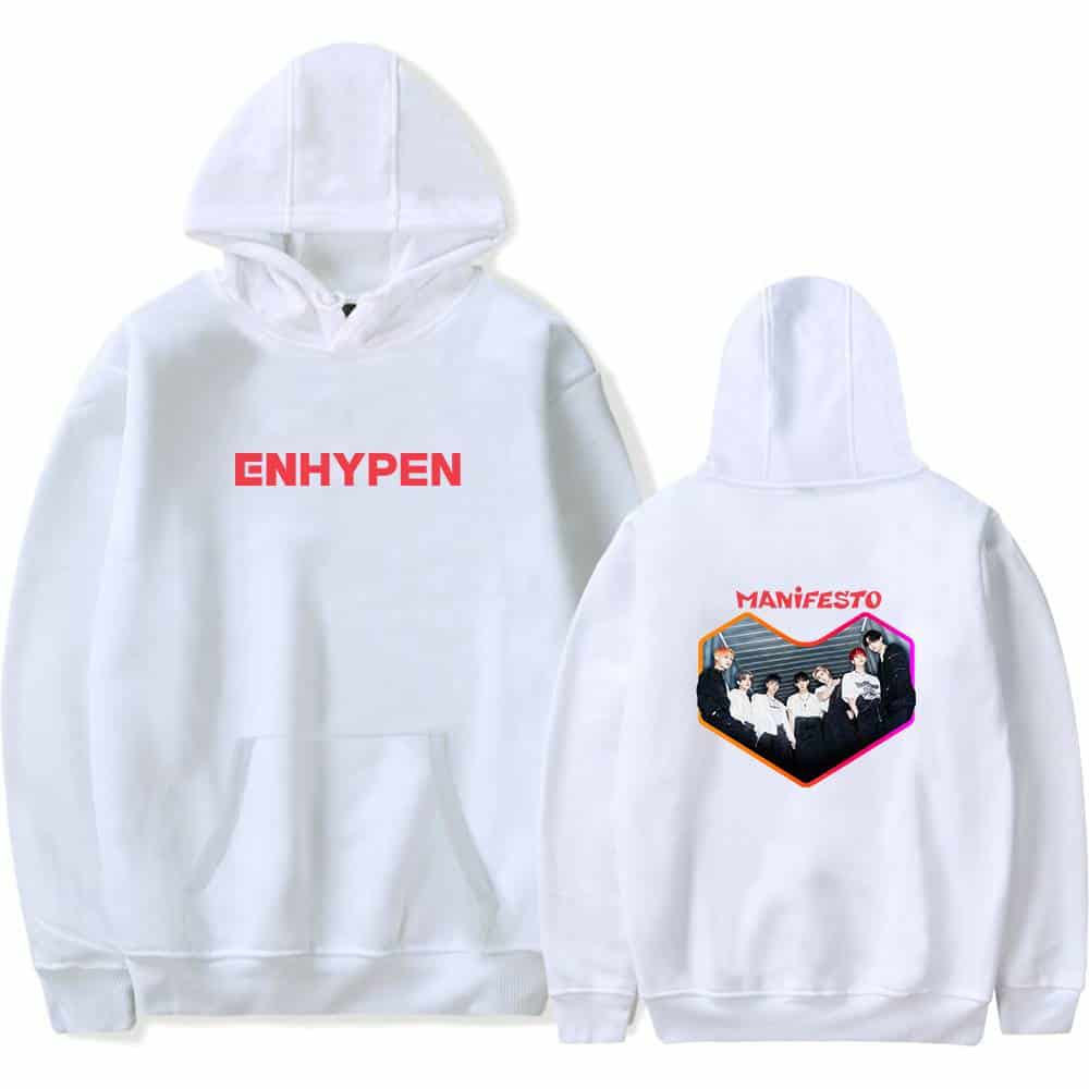 ENHYPEN hoodie with front text and back group photo, perfect for fans.