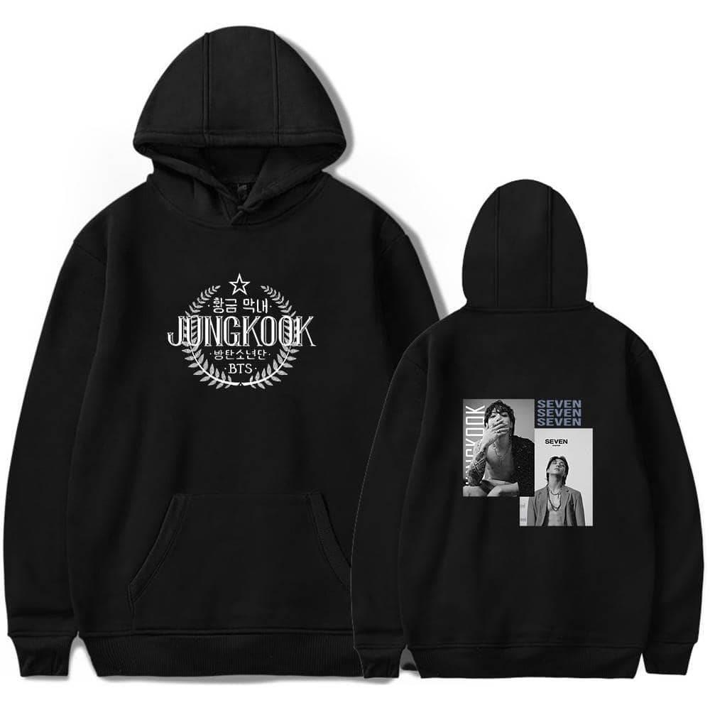 Jungkook BTS hoodie with black design, Korean characters, and images of Jungkook on the back, perfect for fans of the K-pop artist and group.
